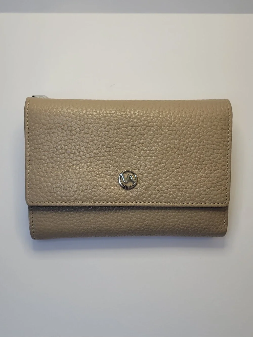 Valentina Taupe Pebbled Leather Trifold Wallet NWOT